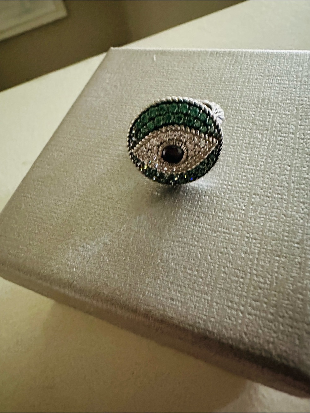 Judith Ripka Green and Silver Pave Evil Eye Ring